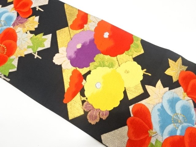 JAPANESE KIMONO / ANTIQUE FUKURO OBI / SILK / WOVEN KIKU & UME WITH MAPLE